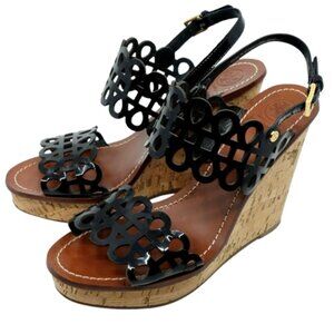 TORY BURCH~Daisy Floral~BLACK PERFORATED LEATHER PLATFORM SANDALS SHOES Sz 8.5